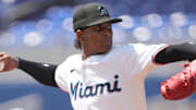 Apr 17, 2025; Miami, Florida, USA;  Miami Marlins pitcher Edward Cabrera (27) pitches in the first inning against the Arizona Diamondbacks at loanDepot Park. Mandatory Credit: Jim Rassol-Imagn Images