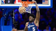 Mar 27, 2024; Philadelphia, Pennsylvania, USA; Philadelphia 76ers center Mo Bamba (5) dunks the ball against the LA Clippers during the third quarter at Wells Fargo Center. Mandatory Credit: Bill Streicher-USA TODAY Sports