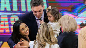 March 7, 2023: Pau Gasol embraces Vanessa Bryant during his jersey retirement ceremony at halftime in the NBA.