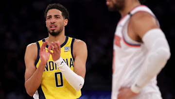 May 29, 2025; New York, New York, USA: Indiana Pacers guard Tyrese Haliburton (0) and New York Knicks guard Jalen Brunson (11) react during the first quarter of game five of the eastern conference finals during the 2025 NBA Playoffs at Madison Square Garden. Mandatory Credit: Brad Penner-Imagn Images