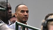 Apr 9, 2025; Dallas, Texas, USA; Dallas Mavericks general manager Nico Harrison looks on during the third quarter against the Los Angeles Lakers at the American Airlines Center. Mandatory Credit: Jerome Miron-Imagn Images