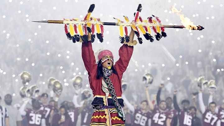 Nov 25, 2022; Tallahassee, Florida, USA; Florida State Seminoles symbol Chief Osceola plants the spear at midfield before the game against the Florida Gators at Doak S. Campbell Stadium. Mandatory Credit: Melina Myers-Imagn Images Nov 25, 2022; Tallahassee, Florida, USA; Florida State Seminoles symbol Chief Osceola plants the spear at midfield before the game against the Florida Gators at Doak S. Campbell Stadium. Mandatory Credit: Melina Myers-Imagn Images