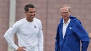 East Rutherford, NJ -- July 24, 2024 -- Owner John Mara and general manager Joe Schoen during the first day of training camp for the 2024 New York Giants.