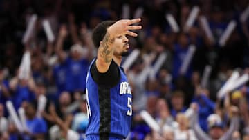 Orlando Magic guard Cole Anthony reacts after making a there point shot against the Atlanta Hawks.