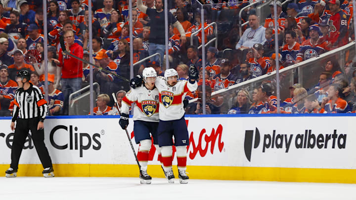 Jun 14, 2025; Edmonton, Alberta, CAN; Florida Panthers forward Brad Marchand (63) celebrates scoring during the third period against the Edmonton Oilers in game five of the 2025 Stanley Cup Final at Rogers Place. Mandatory Credit: Perry Nelson-Imagn Images Jun 14, 2025; Edmonton, Alberta, CAN; Florida Panthers forward Brad Marchand (63) celebrates scoring during the third period against the Edmonton Oilers in game five of the 2025 Stanley Cup Final at Rogers Place. Mandatory Credit: Perry Nelson-Imagn Images