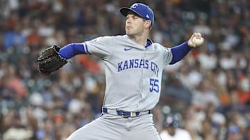 Aug 31, 2024; Houston, Texas, USA; Kansas City Royals starting pitcher Cole Ragans (55) delivers a pitch during the first inning against the Houston Astros at Minute Maid Park. Mandatory Credit: Troy Taormina-Imagn Images