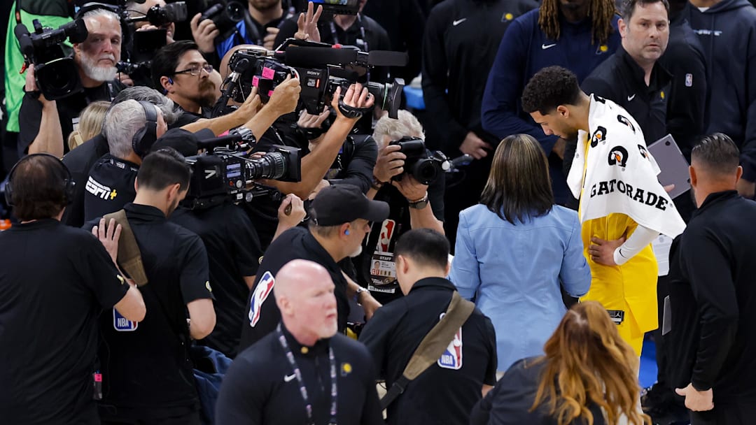 Indiana Pacers guard Tyrese Haliburton talks after the Pacers defeat the Oklahoma City Thunder in the 2025 NBA Finals Indiana Pacers guard Tyrese Haliburton talks after the Pacers defeat the Oklahoma City Thunder in the 2025 NBA Finals