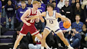 Jan 22, 2025; Evanston, Illinois, USA; Indiana Hoosiers forward Luke Goode (10) defends Northwestern Wildcats guard Brooks Barnhizer (13) during the first half at Welsh-Ryan Arena. Mandatory Credit: David Banks-Imagn Images