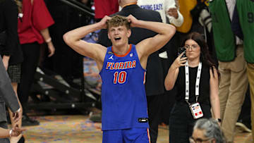 Apr 7, 2025; San Antonio, TX, USA; Florida Gators forward Thomas Haugh (10) reacts after defeating the Houston Cougars in the national championship game of the Final Four of the 2025 NCAA Tournament at the Alamodome.Mandatory Credit: Scott Wachter-Imagn Images