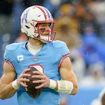 Tennessee Titans quarterback Will Levis (8) looks for a receiver during the first quarter against the Houston Texans at Nissan Stadium in Nashville, Tenn., Sunday, Jan. 5, 2025.