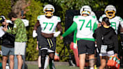 Oregon offensive lineman Matthew Bedford works out during practice with the Oregon Ducks Wednesday, Aug. 28, 2024 at the Hatfield-Dowlin Complex in Eugene, Ore.