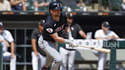 Sep 11, 2024; Chicago, Illinois, USA; Cleveland Guardians outfielder Lane Thomas (8) hits a two-run single against the Chicago White Sox during the third inning at Guaranteed Rate Field. Mandatory Credit: Kamil Krzaczynski-Imagn Images