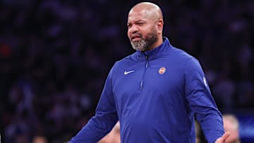 Dec 7, 2024; New York, New York, USA; Detroit Pistons head coach JB Bickerstaff reacts during the second half against the New York Knicks at Madison Square Garden. 