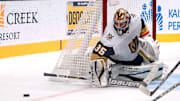 Mar 5, 2021; San Jose, California, USA; Vegas Golden Knights goalie Oscar Dansk (35) defends the goal against the San Jose Sharks during the first period at SAP Center at San Jose. Mandatory Credit: Kelley L Cox-Imagn Images