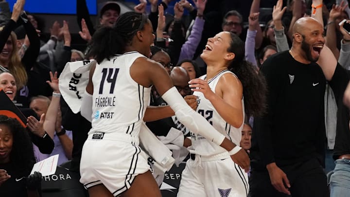 May 21, 2025; San Francisco, California, USA; Golden State Valkyries center Temi Fagbenle (14) congratulates guard Veronica Burton (22) after Burton made a three point basket at the buzzer against the Washington Mystics in the second quarter at Chase Center. Mandatory Credit: David Gonzales-Imagn Images May 21, 2025; San Francisco, California, USA; Golden State Valkyries center Temi Fagbenle (14) congratulates guard Veronica Burton (22) after Burton made a three point basket at the buzzer against the Washington Mystics in the second quarter at Chase Center. Mandatory Credit: David Gonzales-Imagn Images