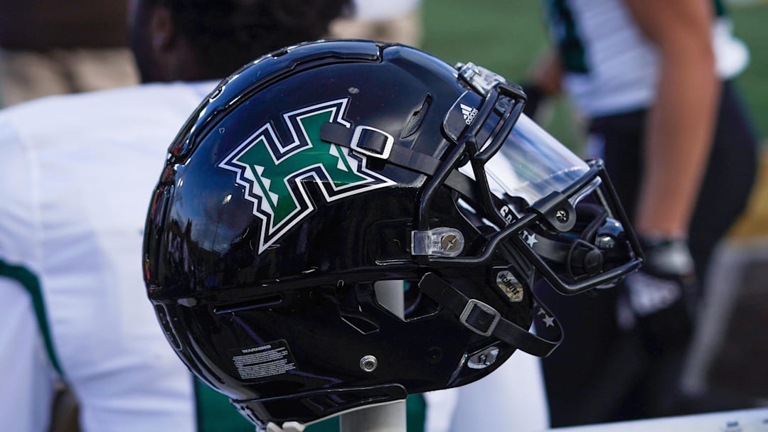 Nov 27, 2021; Laramie, Wyoming, USA; A general view of the Hawaii Rainbow Warriors football helmet during a game against the Wyoming Cowboys at Jonah Field at War Memorial Stadium. Mandatory Credit: Troy Babbitt-Imagn Images
