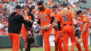 Apr 19, 2025; Baltimore, Maryland, USA; Baltimore Orioles pitcher Brandon Young (63) walks off the field during the fourth inning against the Cincinnati Reds at Oriole Park at Camden Yards. Mandatory Credit: Daniel Kucin Jr.-Imagn Images