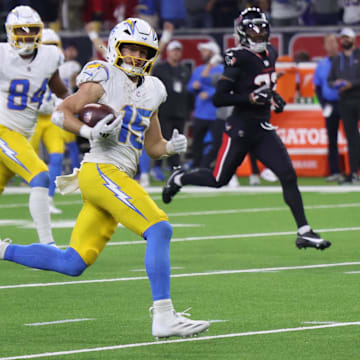 Los Angeles Chargers wide receiver Ladd McConkey scores on a pass in the fourth quarter against the Houston Texans.
