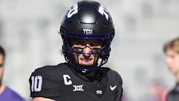 Nov 23, 2024; Fort Worth, Texas, USA; TCU Horned Frogs quarterback Josh Hoover (10) walks on the field before the game against the Arizona Wildcats at Amon G. Carter Stadium.