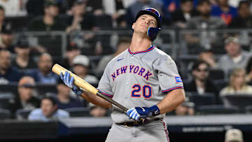 May 16, 2025; Bronx, New York, USA; New York Mets first baseman Pete Alonso (20) reacts after striking out against the New York Yankees during the eighth inning at Yankee Stadium. Mandatory Credit: John Jones-Imagn Images