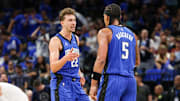 Apr 27, 2024; Orlando, Florida, USA; Orlando Magic forward Franz Wagner (22) and forward Paolo Banchero (5) celebrate after a basket against the Cleveland Cavaliers in the third quarter during game four of the first round for the 2024 NBA playoffs at Kia Center. Mandatory Credit: Nathan Ray Seebeck-Imagn Images