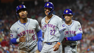 Sep 13, 2024; Philadelphia, Pennsylvania, USA; New York Mets outfielder Brandon Nimmo (9) celebrates with third base Mark Vientos (27) and shortstop Francisco Lindor (12) after hitting a three run home run during the fifth inning against the Philadelphia Phillies at Citizens Bank Park. Mandatory Credit: Bill Streicher-Imagn Images
