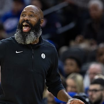 Feb 3, 2024; Philadelphia, Pennsylvania, USA; Brooklyn Nets head coach Jacque Vaughn reacts during the first quarter against the Philadelphia 76ers at Wells Fargo Center. Mandatory Credit: Bill Streicher-Imagn Images