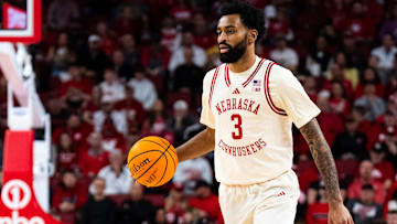 Nebraska guard Brice Williams dribbles the ball during the Huskers game against Iowa on March 9, 2025.