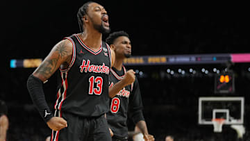 Apr 5, 2025; San Antonio, TX, USA;  Houston Cougars forward J'Wan Roberts (13) celebrates in the second half against the Duke Blue Devils in the semifinals of the men's Final Four of the 2025 NCAA Tournament at the Alamodome. Mandatory Credit: Robert Deutsch-Imagn Images
