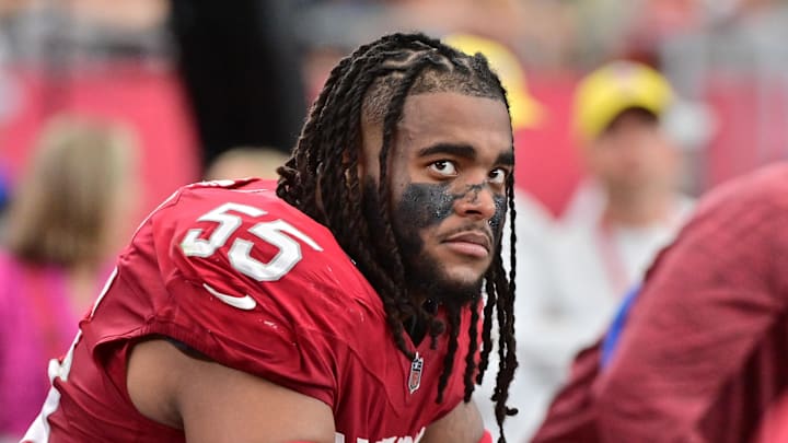 Sep 29, 2024; Glendale, Arizona, USA; Arizona Cardinals defensive tackle Dante Stills (55) reacts in the second half against the Washington Commanders at State Farm Stadium. Mandatory Credit: Matt Kartozian-Imagn Images Sep 29, 2024; Glendale, Arizona, USA; Arizona Cardinals defensive tackle Dante Stills (55) reacts in the second half against the Washington Commanders at State Farm Stadium. Mandatory Credit: Matt Kartozian-Imagn Images