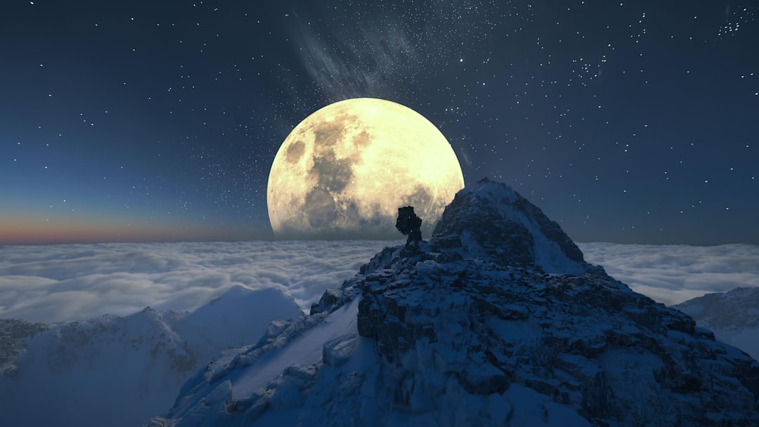 Sam stands on a snowy mountain looking at a large moon dominating the horizon, a blanket of clouds below, in Death Stranding 2 Sam stands on a snowy mountain looking at a large moon dominating the horizon, a blanket of clouds below, in Death Stranding 2