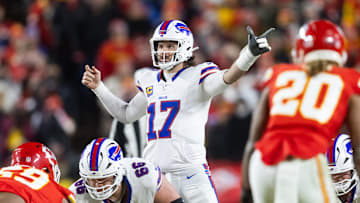 Jan 26, 2025; Kansas City, MO, USA; Buffalo Bills quarterback Josh Allen (17) reacts against the Kansas City Chiefs during the AFC Championship Game