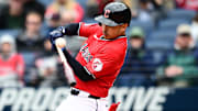 Apr 26, 2025; Cleveland, Ohio, USA; Cleveland Guardians left fielder Steven Kwan (38) hits an RBI single during the sixth inning against the Boston Red Sox at Progressive Field. Mandatory Credit: Ken Blaze-Imagn Images