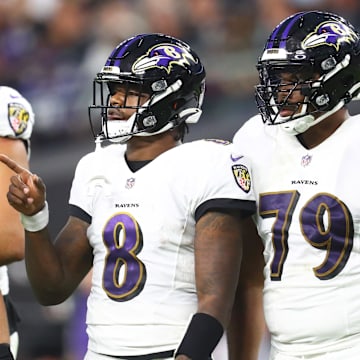 Baltimore Ravens quarterback Lamar Jackson and offensive tackle Ronnie Stanley against the Las Vegas Raiders.
