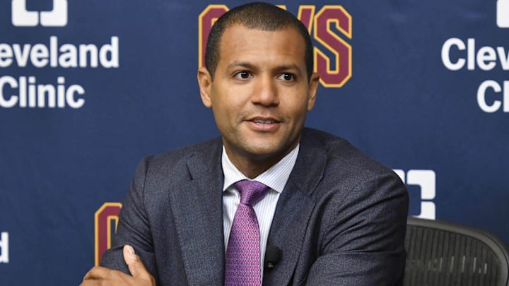 Jul 26, 2017; Cleveland, OH, USA; Cleveland Cavaliers general manager Koby Altman speaks to reporters during a press conference at Cleveland Clinic Courts. Mandatory Credit: David Richard-Imagn Images Jul 26, 2017; Cleveland, OH, USA; Cleveland Cavaliers general manager Koby Altman speaks to reporters during a press conference at Cleveland Clinic Courts. Mandatory Credit: David Richard-Imagn Images