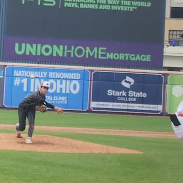 University School senior Aaron Moss delivers a pitch against Wapakoneta in the OHSAA Division III state semifinals at Akron's Canal Park on Friday, June 13, 2025. University School won 4-0 and Moss threw a complete game. | Ryan Isley, SBLive Sports