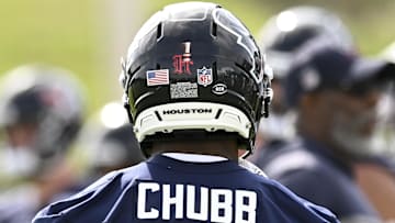 A detail view of Houston Texans running back Nick Chubb (21) jersey during an NFL football minicamp at NRG Stadium. 