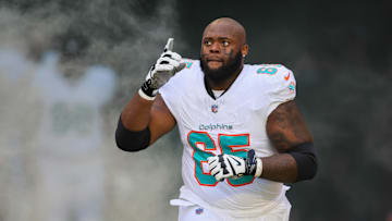 Miami Dolphins guard Robert Jones enters the field to take on the New York Jets at Hard Rock Stadium. 