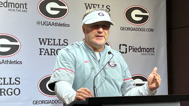 Georgia football coach Kirby Smart speaks to reporters on Tuesday April 1, 2025