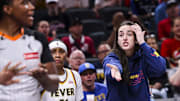 Indiana Fever guard Caitlin Clark reacts to the action against the Los Angeles Sparks at Gainbridge Fieldhouse.