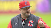 May 31, 2025; Cleveland, Ohio, USA; Cleveland Guardians manager Stephen Vogt (12) walks on the field during a game against the Los Angeles Angels at Progressive Field. Mandatory Credit: David Richard-Imagn Images