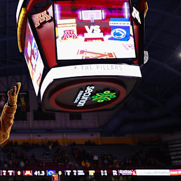 Feb 12, 2022; Minneapolis, Minnesota, USA; Minnesota Gophers mascot Goldy Gopher entertains the crowd prior to the game against the Penn State Nittany Lions at Williams Arena. Mandatory Credit: Harrison Barden-Imagn Images