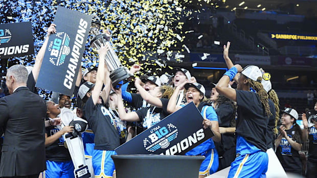 Mar 8, 2025; Indianapolis, IN, USA; The UCLA Bruins women’s basketball team celebrate their win for the Big Ten Conference Ch