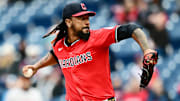 Apr 26, 2025; Cleveland, Ohio, USA; Cleveland Guardians relief pitcher Emmanuel Clase (48) throws a pitch during the eighth inning against the Boston Red Sox at Progressive Field. Mandatory Credit: Ken Blaze-Imagn Images