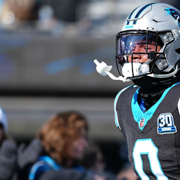 Dec 22, 2024; Charlotte, North Carolina, USA; Carolina Panthers tight end Ja'Tavion Sanders (0) takes the field during the first quarter against the Arizona Cardinals at Bank of America Stadium. Mandatory Credit: Jim Dedmon-Imagn Images