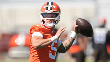 May 9, 2025; Berea, OH, USA; Cleveland Browns quarterback Dillon Gabriel (5) throws a pass during rookie minicamp at CrossCountry Mortgage Campus. 