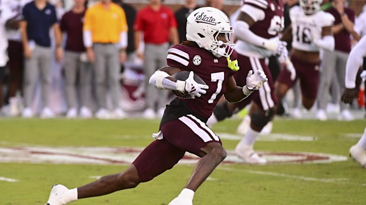 Oct 19, 2024; Starkville, Mississippi, USA; Mississippi State Bulldogs wide receiver Mario Craver (7) runs the ball against the Texas A&M Aggies before suffering an apparent injury on the play during the third quarter at Davis Wade Stadium at Scott Field. Mandatory Credit: Matt Bush-Imagn Images Oct 19, 2024; Starkville, Mississippi, USA; Mississippi State Bulldogs wide receiver Mario Craver (7) runs the ball against the Texas A&M Aggies before suffering an apparent injury on the play during the third quarter at Davis Wade Stadium at Scott Field. Mandatory Credit: Matt Bush-Imagn Images