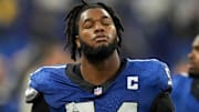 Indianapolis Colts defensive end Dayo Odeyingbo (54) walks off the field Sunday, Nov. 24, 2024, after losing 24-6 to the Detroit Lions at Lucas Oil Stadium in Indianapolis.