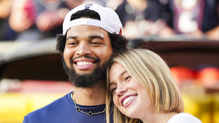 Chicago Bears quarterback Caleb Williams (18) and girlfriend Alina Thyregod prior to a game against the Kansas City Chiefs at GEHA Field at Arrowhead Stadium. Chicago Bears quarterback Caleb Williams (18) and girlfriend Alina Thyregod prior to a game against the Kansas City Chiefs at GEHA Field at Arrowhead Stadium.