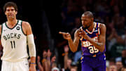 Mar 24, 2025; Phoenix, Arizona, USA; Phoenix Suns forward Kevin Durant (35) celebrates after Milwaukee Bucks center Brook Lopez (11) reacts to a play during the fourth quarter at Footprint Center. Mandatory Credit: Mark J. Rebilas-Imagn Images